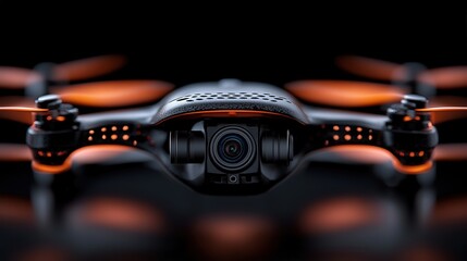 A state-of-the-art drone with a sleek, aerodynamic design is prominently shown, emphasizing its technological sophistication and modern innovation against a dark background.