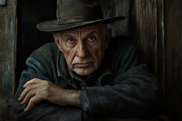 Obraz premium Elderly Caucasian man with a weathered face and a worn hat gazes intently, leaning on a rustic wooden background, exuding wisdom and resilience.