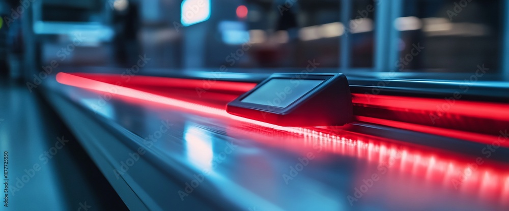 Poster Close up of a conveyor belt with a red light running along it.