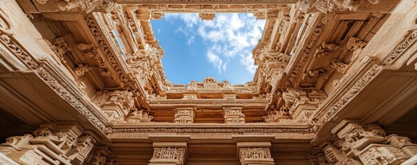 Fototapeta premium Intricate architectural details frame a bright sky in this stunning temple structure.