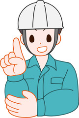ヘルメットを被り、作業服を着た指をさす笑顔のデフォルメ男性のイラスト