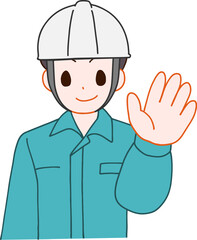 ヘルメットを被り、作業服を着た挨拶する笑顔のデフォルメ男性のイラスト
