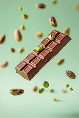 studio photography, an ordinary chocolate bar levitating and pistachios around it, ad style light...