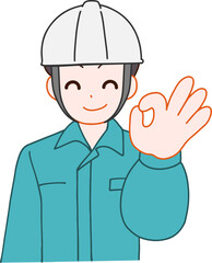 ヘルメットを被り、作業服を着たOKする笑顔のデフォルメ男性のイラスト