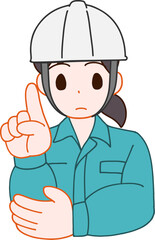 ヘルメットを被り、作業服を着た指をさすデフォルメ女性のイラスト