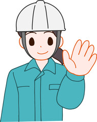 ヘルメットを被り、作業服を着た挨拶する笑顔のデフォルメ女性のイラスト