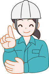 ヘルメットを被り、作業服を着た笑顔で指をさすデフォルメ女性のイラスト