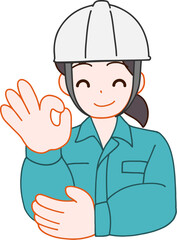 ヘルメットを被り、作業服を着た笑顔でOKする笑顔のデフォルメ女性のイラスト