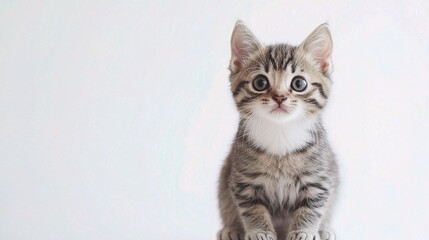 Adorable Tabby Kitten Sitting on a White Background, Capturing the Playful Expression and Distinctive Markings of a Young Cat with Large Eyes