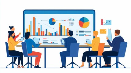 Team of diverse professionals reviewing data charts.
