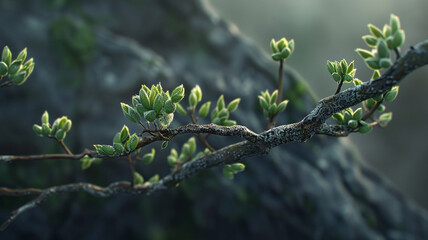 Budding Tree Branch in Early Spring: A delicate branch with fresh green buds sprouting, symbolizing renewal, growth, and the arrival of spring in nature.