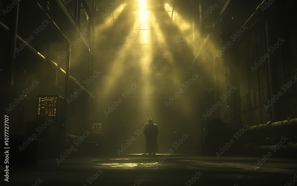 Fototapete a person stands in a dimly lit space, illuminated by dramatic shafts of light filtering through beam
