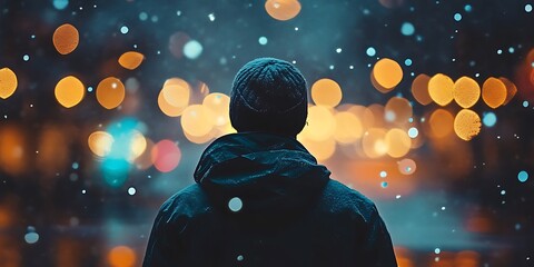 Silhouette of man standing in winter city, snowing with bokeh lights