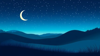 Obraz premium A crescent moon shines brightly over a peaceful, mountainous landscape.