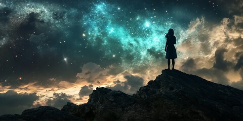 Fototapeta premium Silhouette of a woman standing on a clifftop looking at a starry night sky. Mystical and magical fantasy illustration concept art