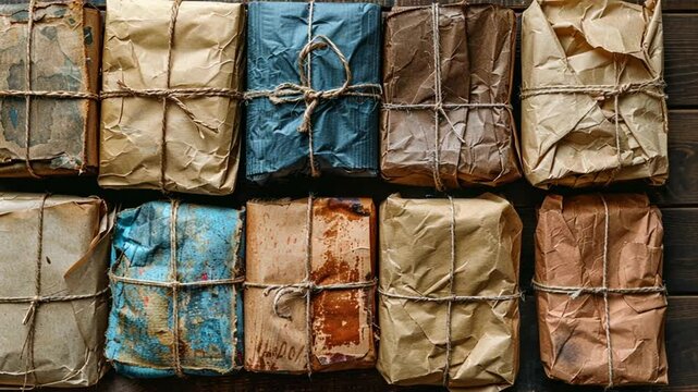 A collection of various vintage packages is arranged on a wooden table, each wrapped in different shades of brown and blue paper, tied with twine, exuding a nostalgic charm