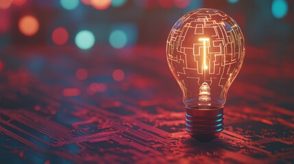 A glowing light bulb with a circuit board pattern inside sits on a red and blue circuit board.