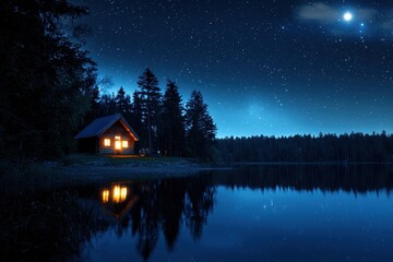 Fototapeta premium An ethereal moonlit night with a clear starry sky, a quiet forest bathed in silvery light, and a small, illuminated cabin by a still lake, creating a dreamlike, tranquil scene.