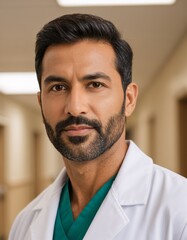 Obraz premium A man in a white coat and green scrubs looks directly at the camera with a serious expression.