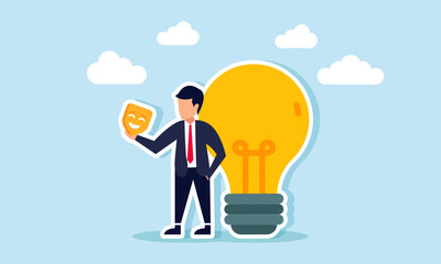 businessman holding a mask standing next to a lamp, illustration of tricks for generating business ideas and innovation