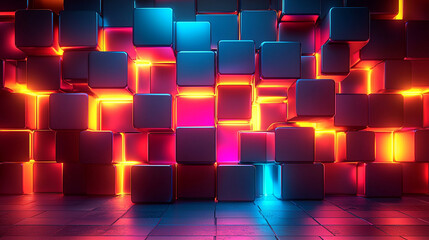 Illuminated Futuristic Neon Cubes, 3D Rendered Background