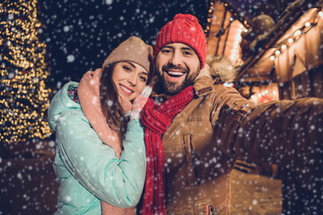 Photo of positive pretty girlfriend boyfriend tacking selfie cuddling walking outdoors urban city...
