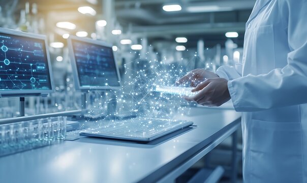 A scientist interacts with a digital interface in a lab, showcasing futuristic technology and data visualization.