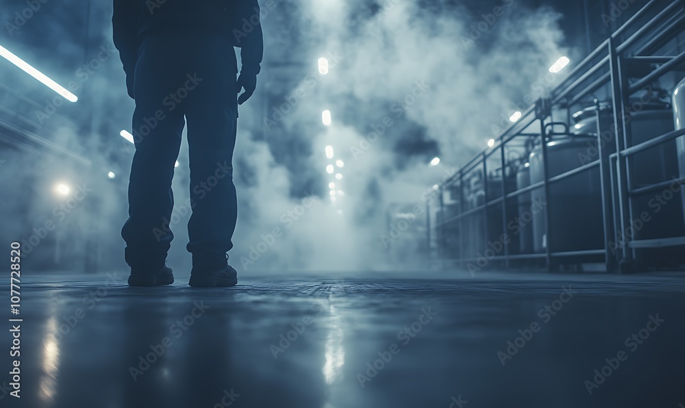 Poster a figure stands in a foggy, industrial space, illuminated by dim lights, creating a mysterious and a