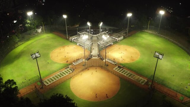 Night Aerial View of GBK Softball Stadium in Jakarta