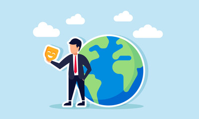 Obraz premium businessman holding a mask standing next to a globe, illustration of tricks in business to make it global or international