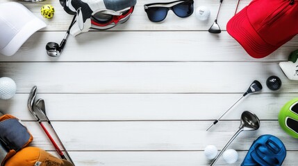 Flat lay of various golf equipment, including clubs, balls, gloves, and hats, arranged around a white wooden background with space for text.