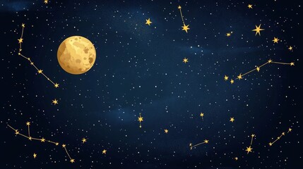 Fototapeta premium A full moon shines brightly in the night sky, surrounded by sparkling stars and constellations.