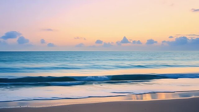 Serene twilight beachscape with soft waves and pastel sky hues.