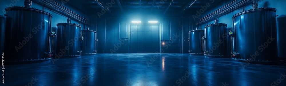 Aufkleber a dimly lit industrial space with large cylindrical tanks, illuminated by an eerie blue light, creat