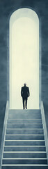 Fototapeta premium A solitary figure dressed in formal attire ascends a staircase approaching a luminous archway that symbolizes hope and new beginnings.