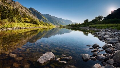 Fototapeta premium Clear River Water Reflecting on Stones in Mountain Landscape