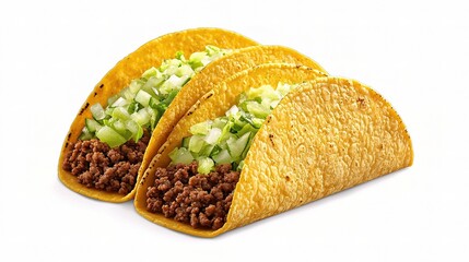 Delicious Ground Beef Tacos with Fresh Lime and Shredded Vegetables Isolated on White Background Perfect for Food Photography and Culinary Presentations