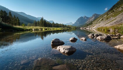 Tranquil mountain river water reflects on smooth stones