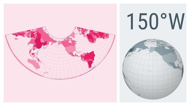 World Map Animation. Albers conic equal-area projection. Colored countries style. Animated world map in Conic Equal Area projection. Loopable animation showing longitude shift and matching globe.