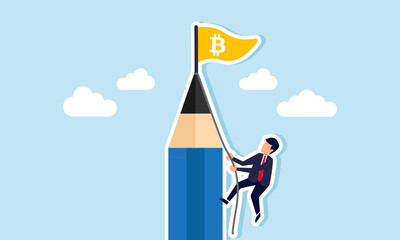 businessman climbing a pencil with a rope to reach the pencil top where a flag labeled bitcoin is, illustration of effort to collect bitcoin investment assets