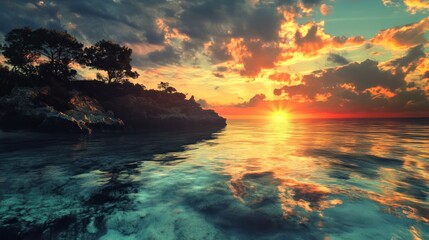Fototapeta premium A vibrant sunset paints the sky with hues of orange and red, reflecting on the calm ocean waters, as a rocky island silhouette stands in the foreground.