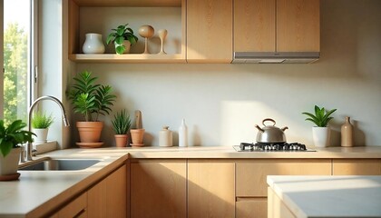A modern kitchen with light wood cabinets, a stainless steel sink and faucet, and potted plants on the counter, contemporary kitchen design, Luxury Kitchen, created with generative ai