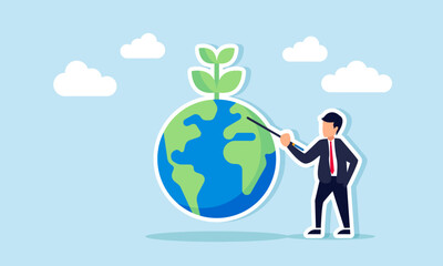 businessman holding a stick and pointing at the earth covered in plants, illustration of educating the importance of building an eco-friendly business