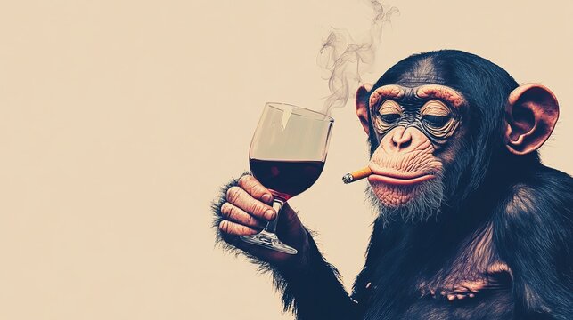 An imaginative vintage collage featuring a quirky chimpanzee sipping wine and puffing on smokes on a bland backdrop.