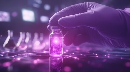 A glowing vial held by a gloved hand, surrounded by flasks and a digital backdrop, symbolizes cutting-edge science and advanced research.