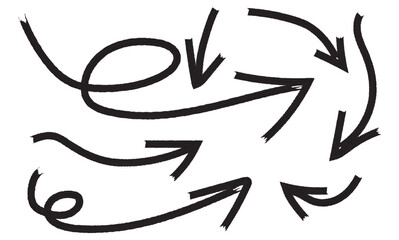 Collection curved arrows painted bold brush. Hand drawn vector thick marker arrows. Curved and wavy brush strokes. Seamless banner with vector direction pointers. Bold brush strokes with scratches