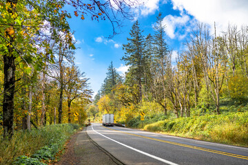 Fototapeta premium Industrial big rig bonnet semi truck transporting cargo in dry van semi trailer running on the narrow highway road with autumn yellowed trees on the sides