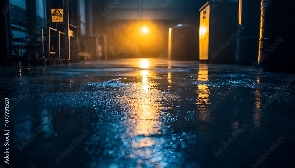 Poster a dimly lit corridor with wet reflections, illuminated by warm light, creating a moody and atmospher