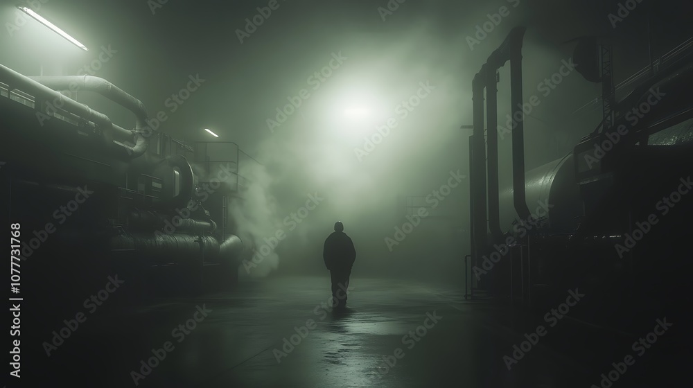 Aufkleber a solitary figure walks through a foggy industrial scene, illuminated by a stark light, creating a m