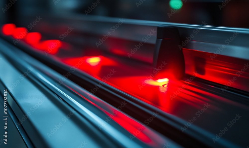 Poster close-up of red led lights illuminating the side of a metallic surface.